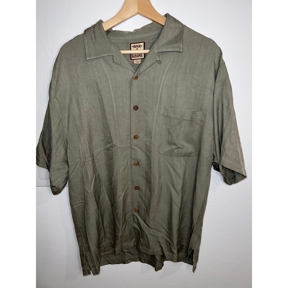 Tommy Bahama Button Down Shirt Mens M Olive Green Excellent Silk Herringbone